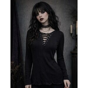 Aeropostale Womens S Soft Sexy Lace Up VNeck Top Ribbed Black Whimsigoth Biker